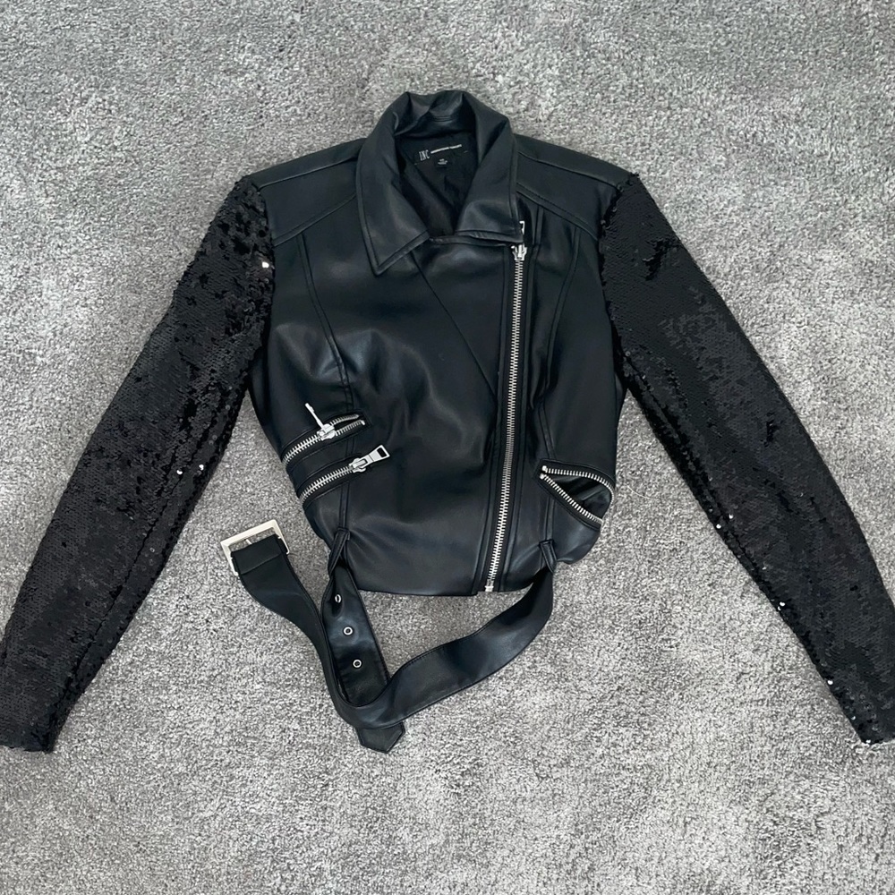 INC International Concepts leather jacket W/ Sequin Sleeves
